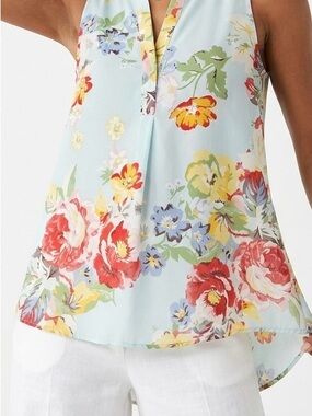 Kenar Floral Split Neck Blouse Box Pleat Hi-Low Blue M